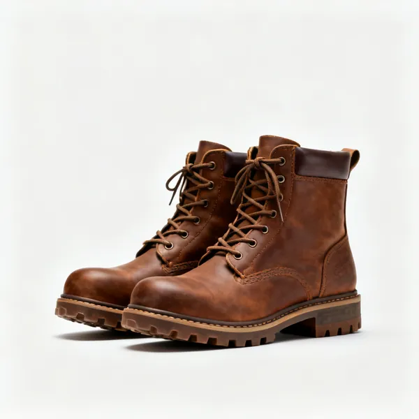 A pair of brown leather safety boots with lace fastening and treaded soles