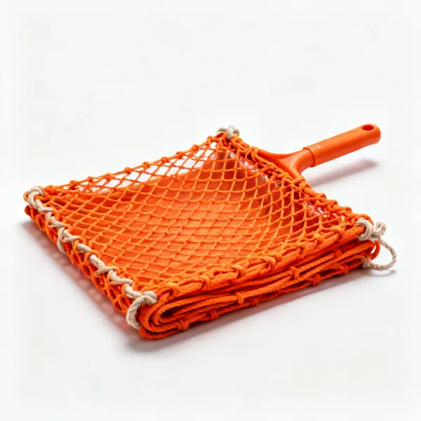A folded orange knotted safety net with edge ropes