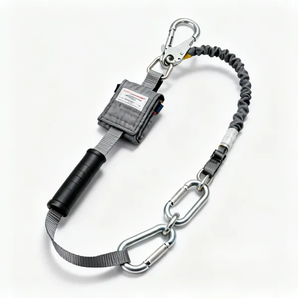Shock absorbing lanyard: A shock absorbing fall arrest lanyard with a tear webbing pack and snap hooks