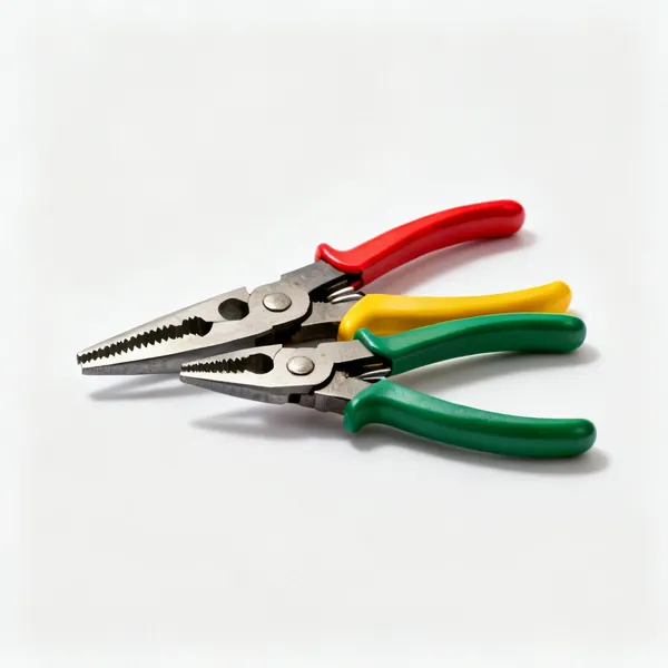 Aviation snips set: A set of three aviation tin snips with red yellow and green handles and serrated jaws