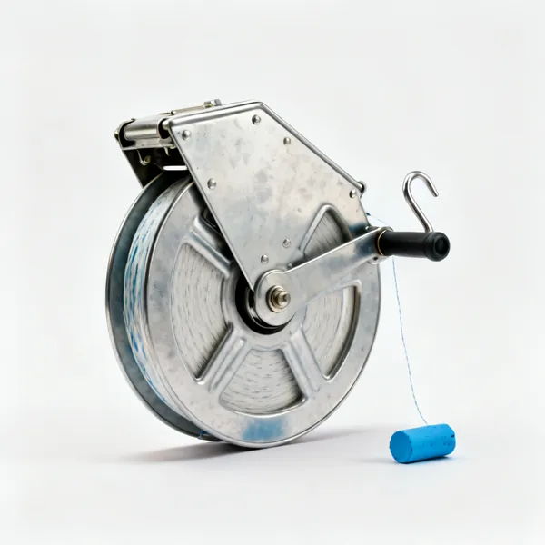 A chalk line reel with a metal case, hook and blue chalk
