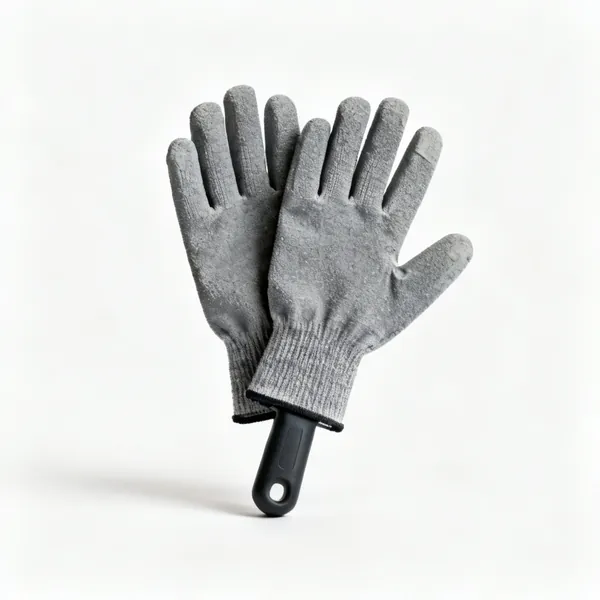 Cut resistant gloves: A pair of grey cut resistant work gloves with coated palms