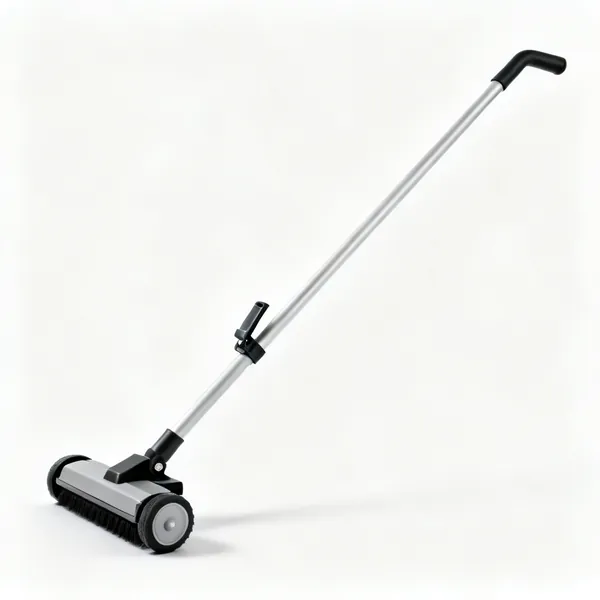 A magnetic sweeper on a long handle with wheels and a release lever