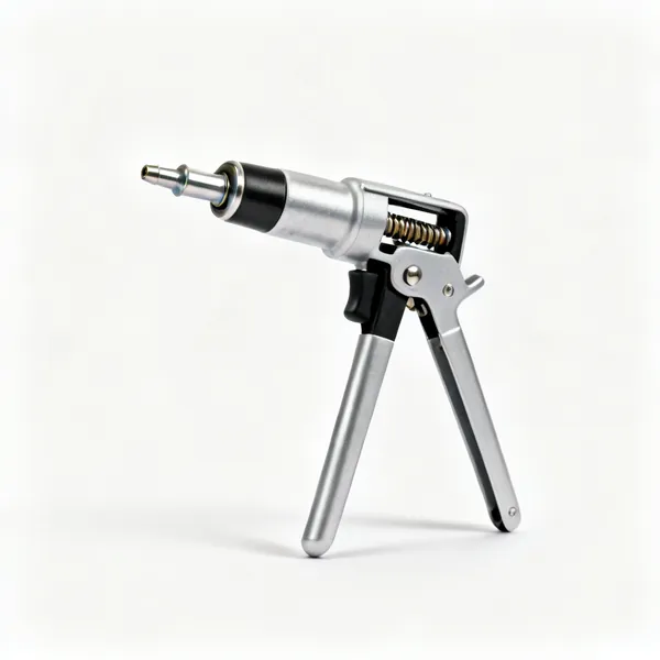 A hand pop rivet gun with two long handles, a nosepiece and a rivet loaded