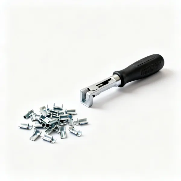 Seam end closures: A handful of small metal standing seam end closure pieces