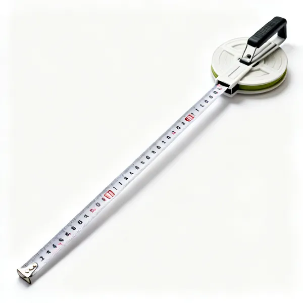 Long tape measure: A long open reel tape measure with a fibreglass blade and a folding handle