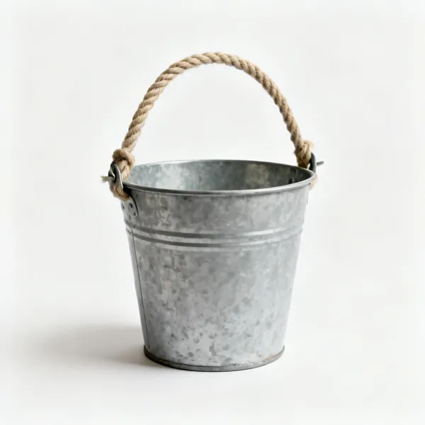 Bucket & rope: A builder's bucket with a rope handle