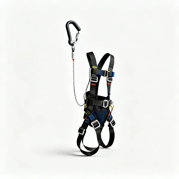 A full body safety harness with a lanyard