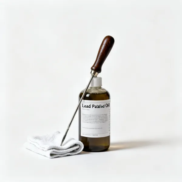 A bottle of lead patination oil with a cloth
