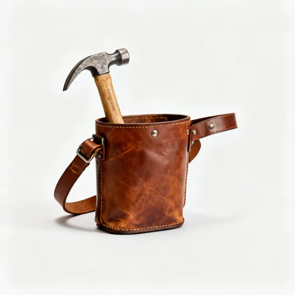 A leather roofer's nail bag with a belt