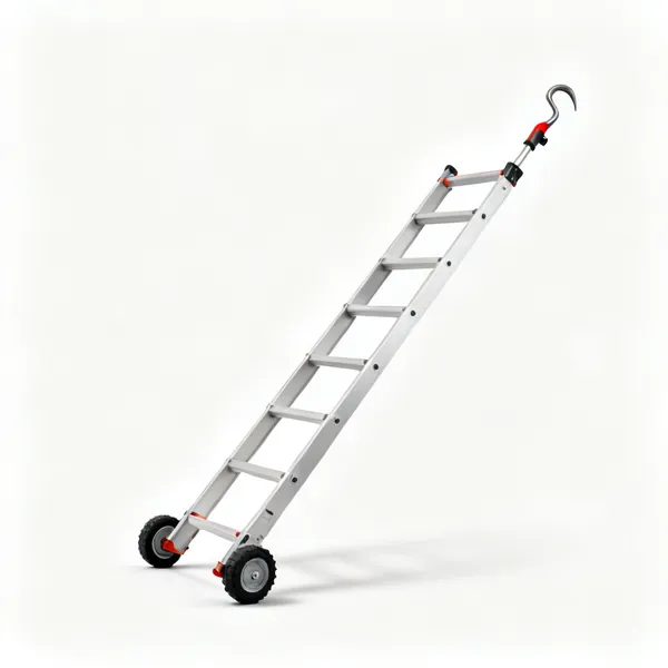 A roof ladder with wheels and a ridge hook