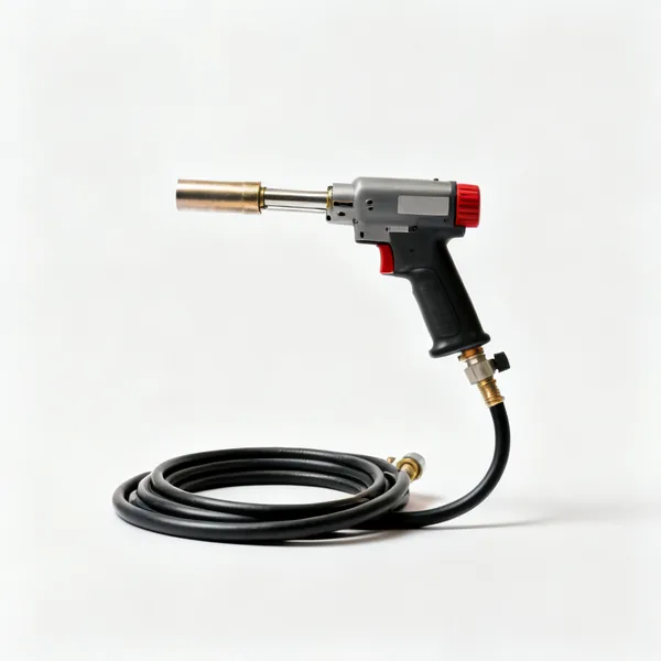 A propane roofing torch with a coiled hose
