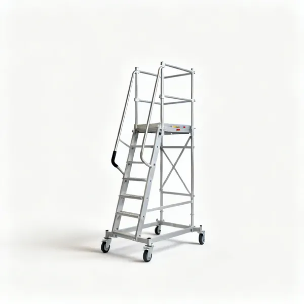 An aluminium mobile scaffold tower with guardrails