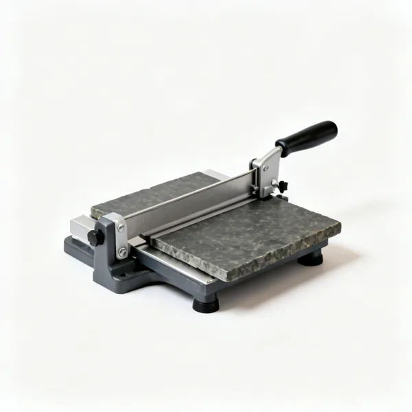 A bench mounted slate guillotine cutter