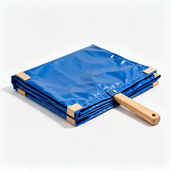 Tarpaulin & battens: A folded blue tarpaulin with timber battens