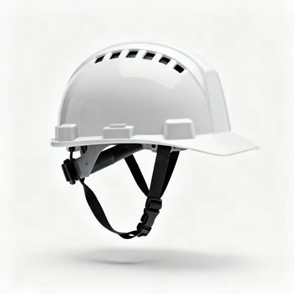 A vented safety helmet with a chin strap