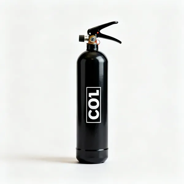 CO2 extinguisher: A black labelled CO2 fire extinguisher