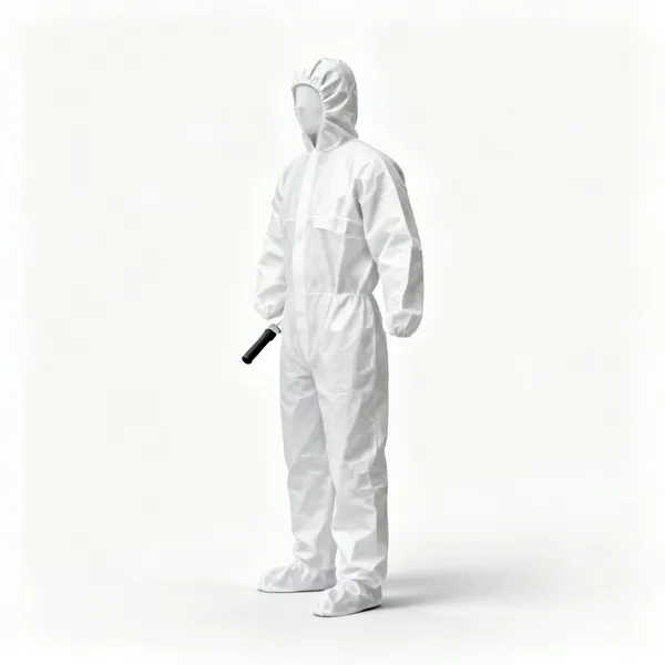 Coveralls: A white disposable coverall suit