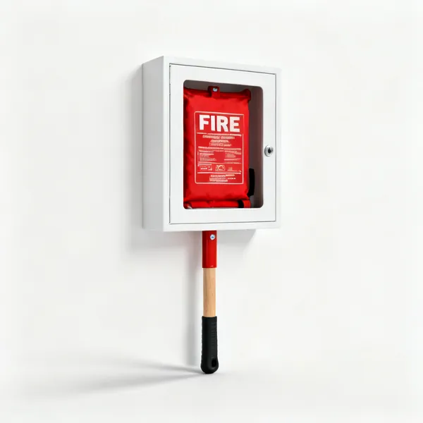 A fire blanket in a wall case
