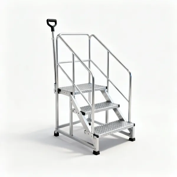 Podium steps: An aluminium podium step platform with guardrails