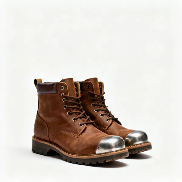 A pair of brown steel toe cap safety boots