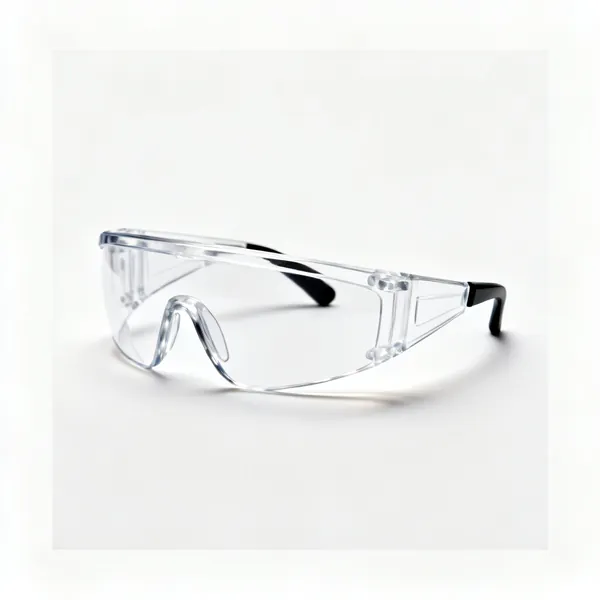 A pair of clear wraparound safety glasses