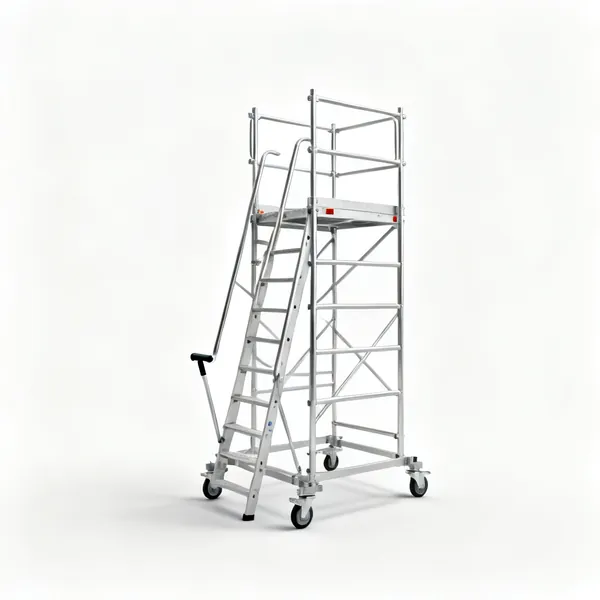 An aluminium mobile scaffold tower with guardrails