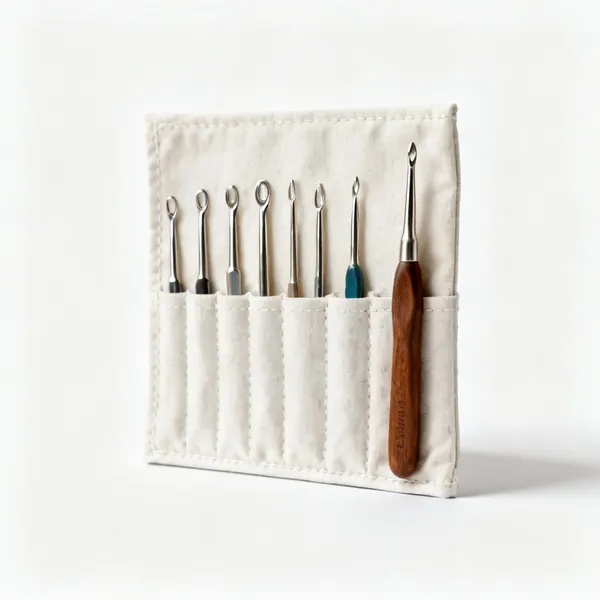 Hook case: A fabric crochet hook roll case with individual pockets holding hooks