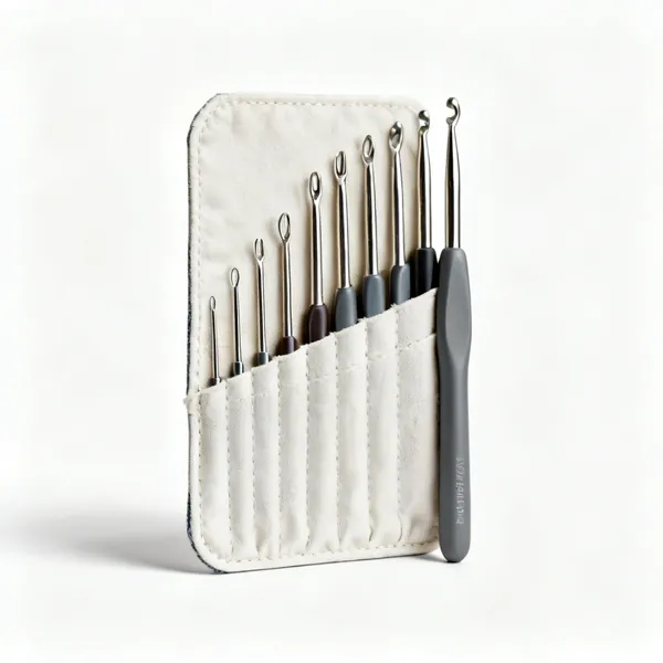Hook set: A set of crochet hooks of graduated sizes in a fabric case