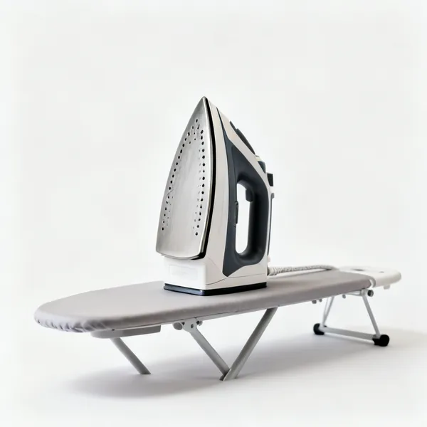 A steam iron standing upright on an ironing board