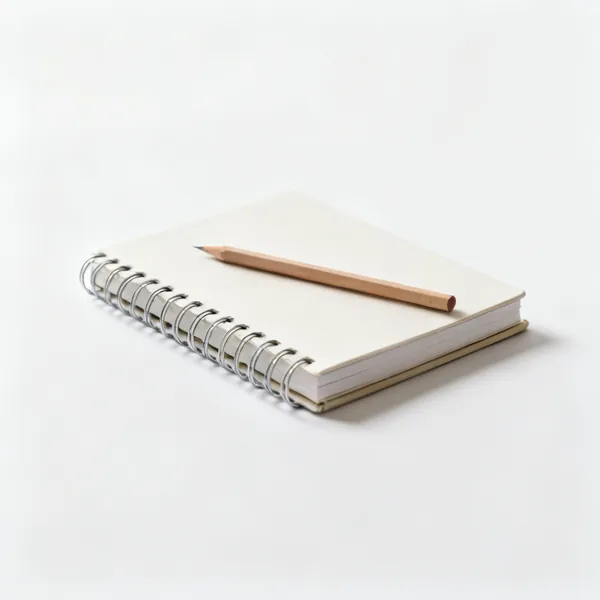 Project notebook: A small closed spiral notebook with a pencil resting on it, centred with clear space at every edge