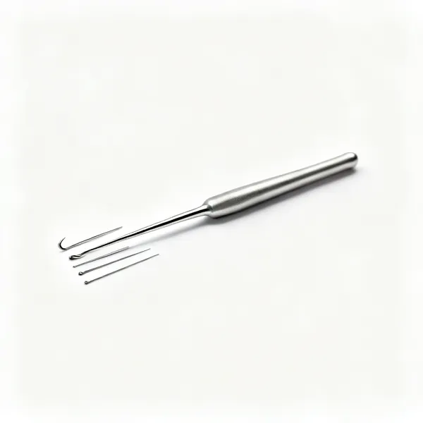 Steel thread hook: Several very fine steel crochet hooks of graduated tiny sizes