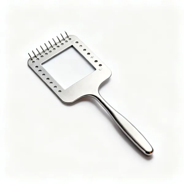 A flat metal knitting and crochet stitch gauge with a square window and sizing holes
