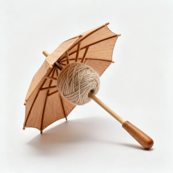 A wooden umbrella yarn swift open with a hank of yarn on it