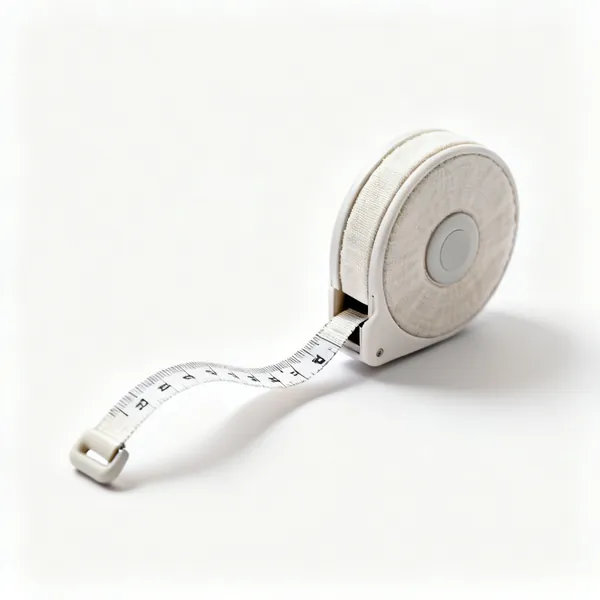 A retractable fabric tape measure partly extended from its case