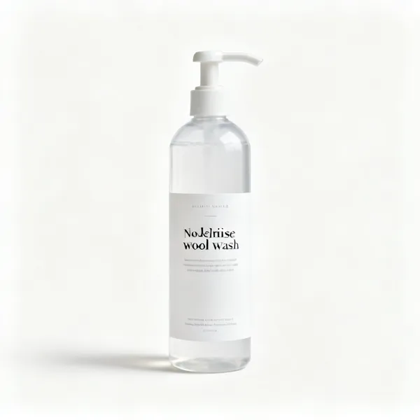 A single bottle of no rinse delicate wool wash, standing upright with clear space at every edge