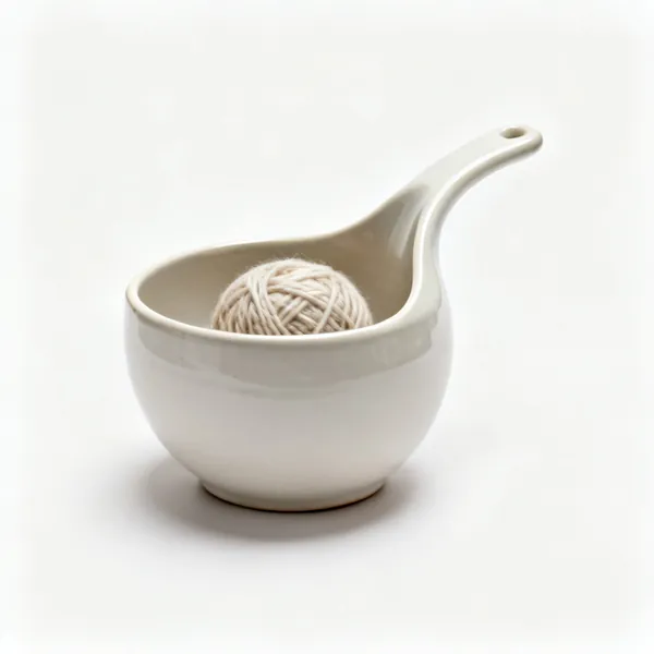 A ceramic yarn bowl with a curved feeding slot holding a small ball of yarn, centred with clear space at every edge