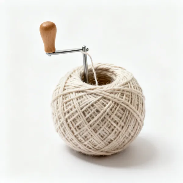 Yarn winder: A hand crank yarn ball winder with a partly wound centre pull cake