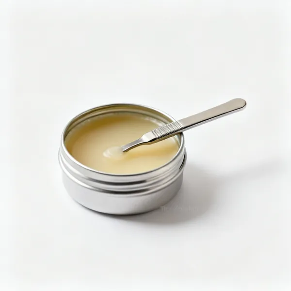 A small round tin of thread conditioner wax with the lid open