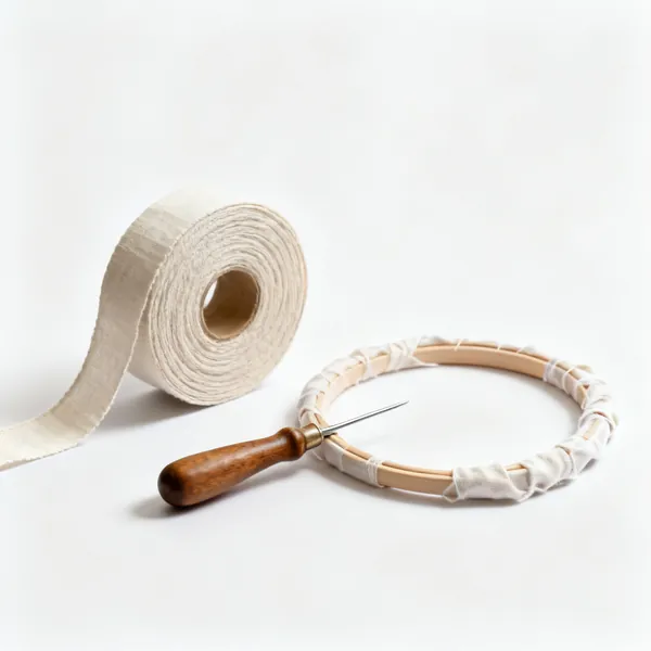 Hoop binding tape: A roll of cotton twill tape beside a partly wrapped embroidery hoop ring