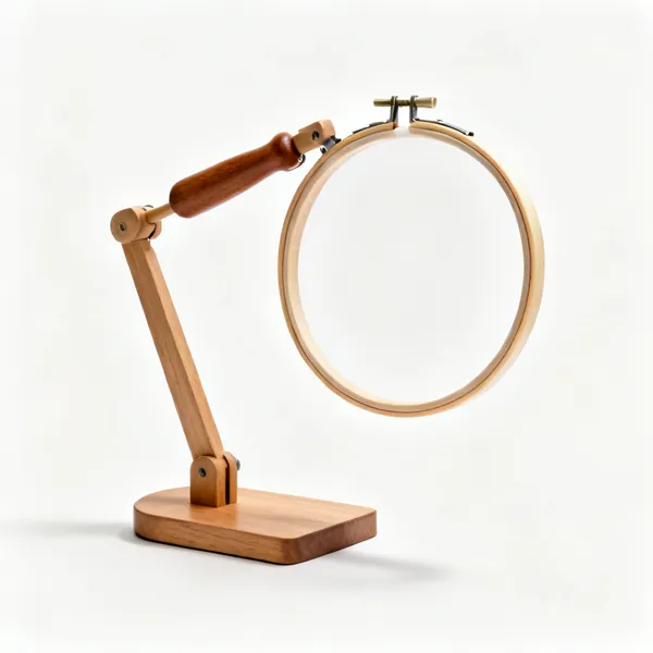 A wooden embroidery hoop stand with an adjustable arm holding a hoop