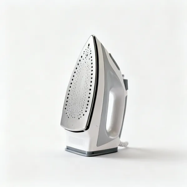A steam iron standing upright on its heel plate, shown alone with clear space at every edge