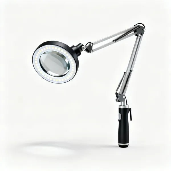 Magnifier lamp: A magnifying lamp with a large lens, an LED ring and an adjustable arm