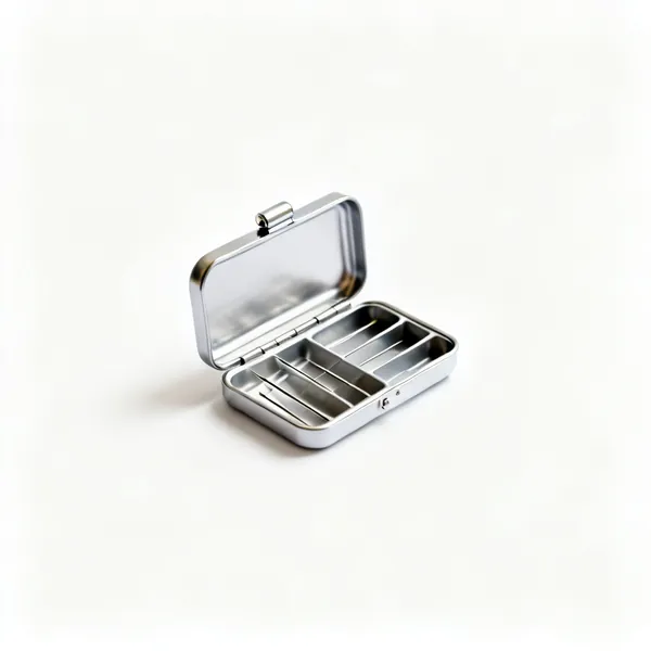 A small metal needle case with several compartments open