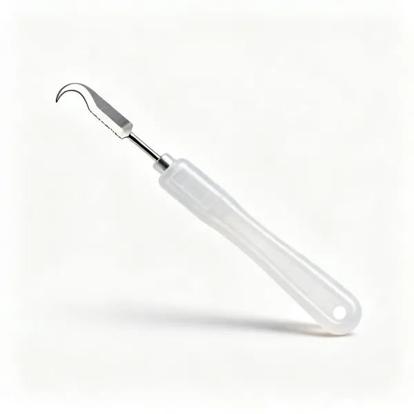 A small seam ripper with a hooked blade and a plastic handle