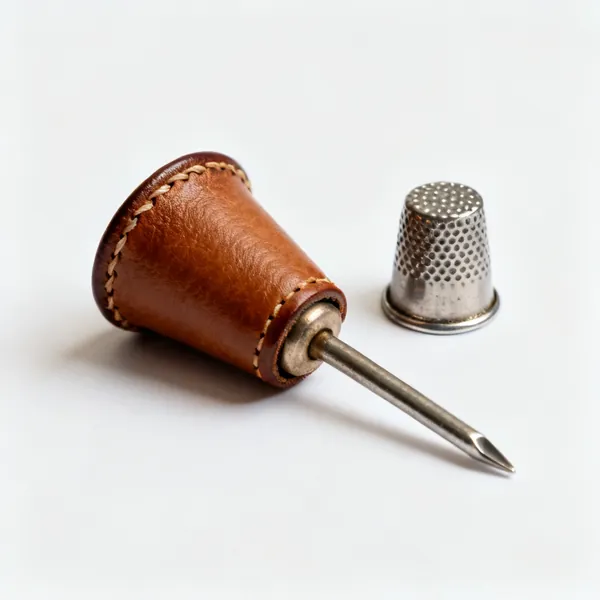 A leather sewing thimble beside a metal dimpled one