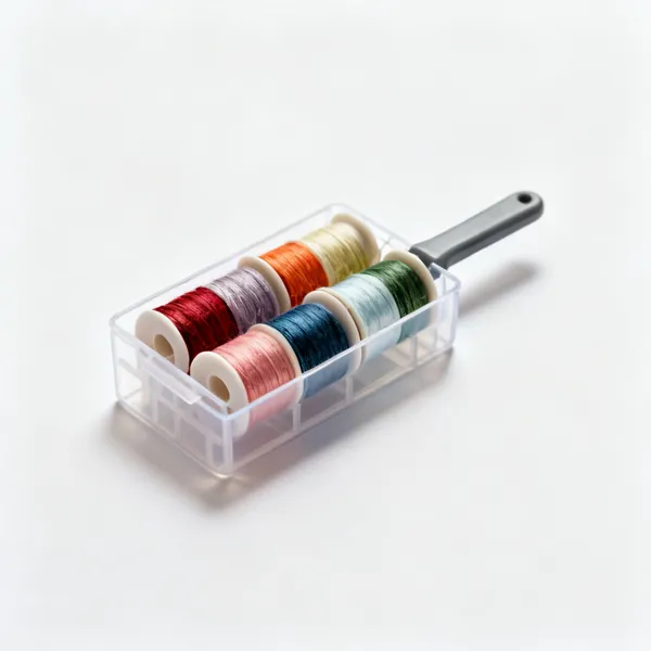 A plastic thread organiser box with wound bobbins of coloured thread