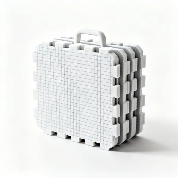 Several interlocking foam blocking mats with a printed grid, joined together