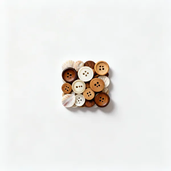Buttons and closures: A small tight cluster of assorted wooden and shell buttons, centred with clear space at every edge