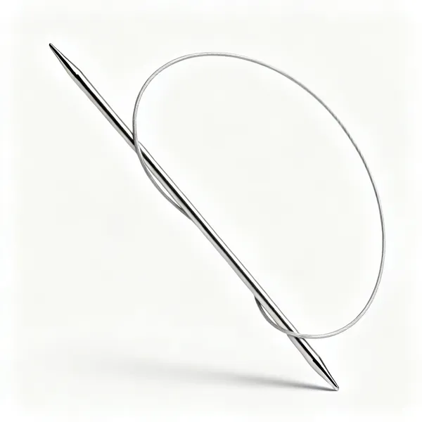 Circular needles: A circular knitting needle with two metal tips joined by a flexible cable